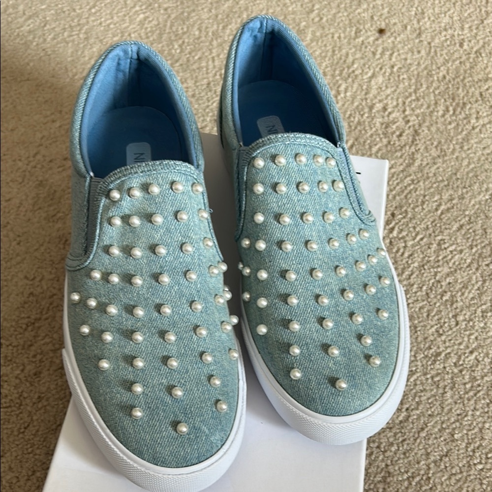 Nine West Blue Studded Slip-On Sneakers with Elastic Panels